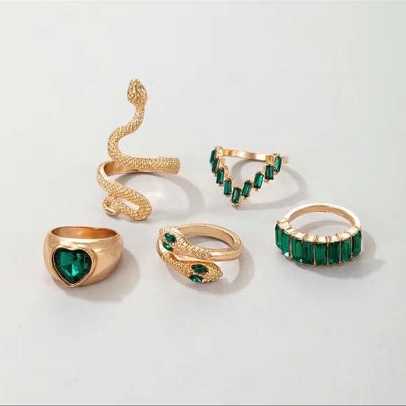5-Piece Emerald Green Snake Eyes Ring Set - Picture 5 of 5